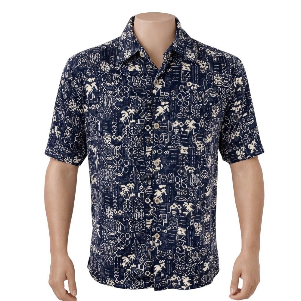 Ocean Pacific Sport Hawaiian Aloha Shirt Large Tribal Symbols Floral Black